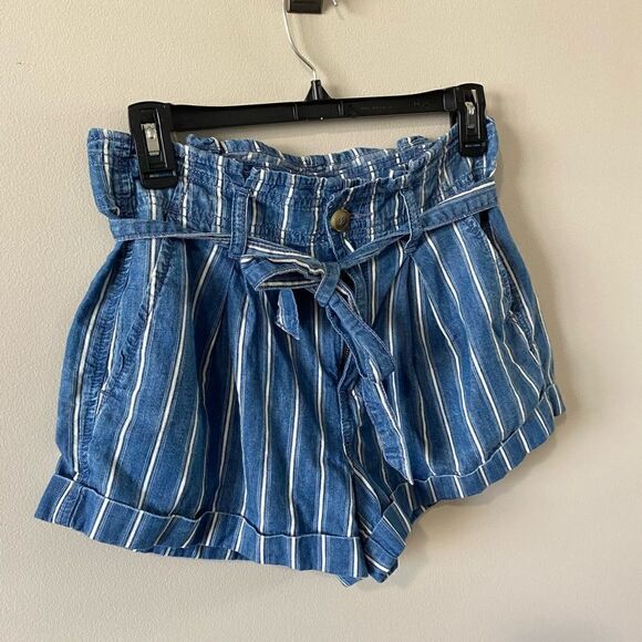American Eagle Women Blue Super High-Waisted Striped Paperbag Short - Picture 6 of 12
